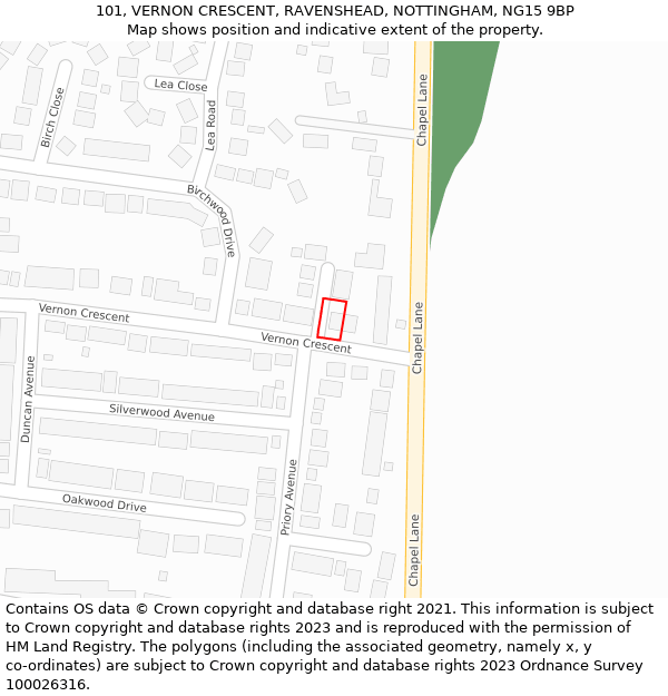 101, VERNON CRESCENT, RAVENSHEAD, NOTTINGHAM, NG15 9BP: Location map and indicative extent of plot