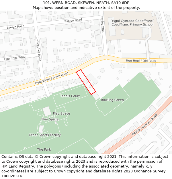 101, WERN ROAD, SKEWEN, NEATH, SA10 6DP: Location map and indicative extent of plot