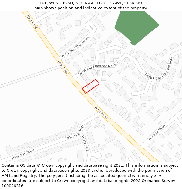101, WEST ROAD, NOTTAGE, PORTHCAWL, CF36 3RY: Location map and indicative extent of plot