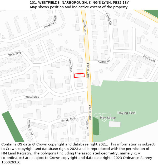 101, WESTFIELDS, NARBOROUGH, KING'S LYNN, PE32 1SY: Location map and indicative extent of plot