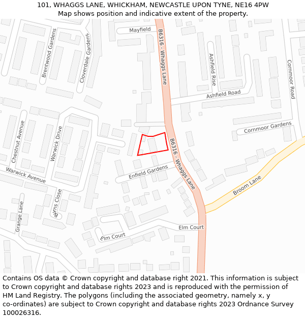 101, WHAGGS LANE, WHICKHAM, NEWCASTLE UPON TYNE, NE16 4PW: Location map and indicative extent of plot