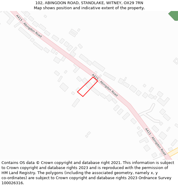 102, ABINGDON ROAD, STANDLAKE, WITNEY, OX29 7RN: Location map and indicative extent of plot