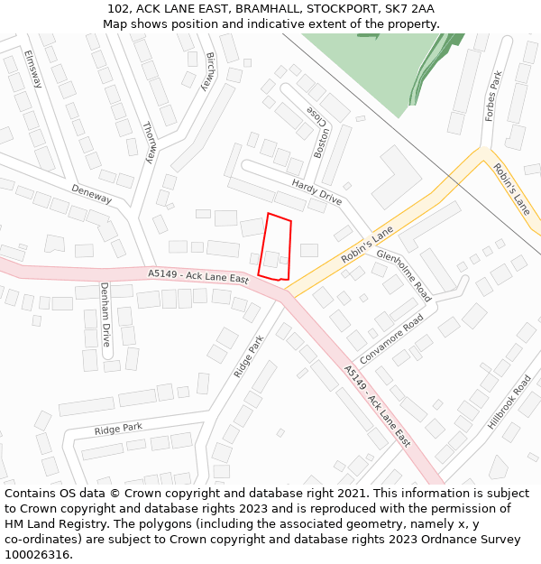 102, ACK LANE EAST, BRAMHALL, STOCKPORT, SK7 2AA: Location map and indicative extent of plot