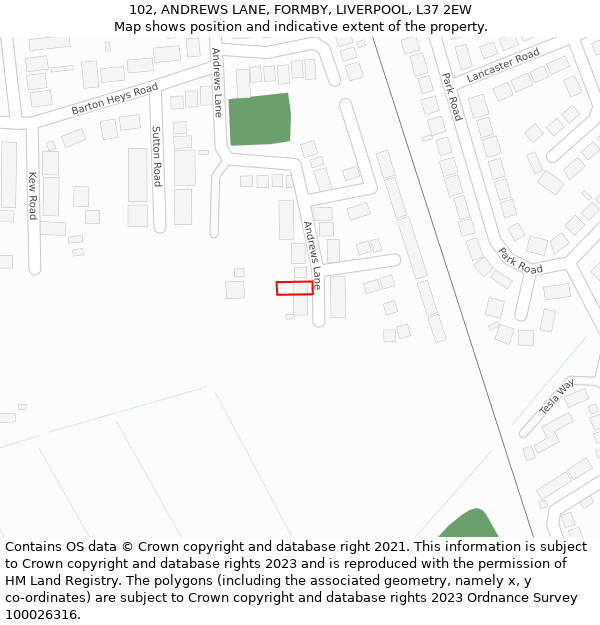 102, ANDREWS LANE, FORMBY, LIVERPOOL, L37 2EW: Location map and indicative extent of plot