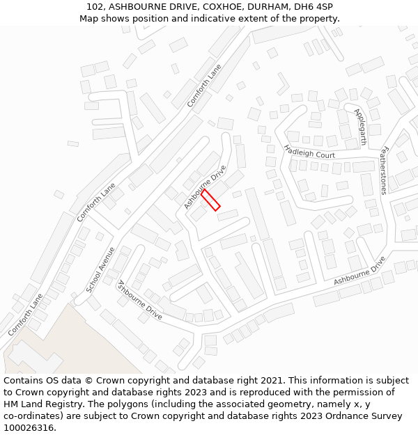 102, ASHBOURNE DRIVE, COXHOE, DURHAM, DH6 4SP: Location map and indicative extent of plot