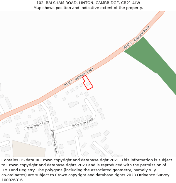 102, BALSHAM ROAD, LINTON, CAMBRIDGE, CB21 4LW: Location map and indicative extent of plot