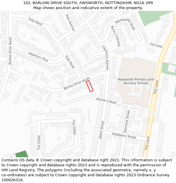 102, BARLOW DRIVE SOUTH, AWSWORTH, NOTTINGHAM, NG16 2RR: Location map and indicative extent of plot