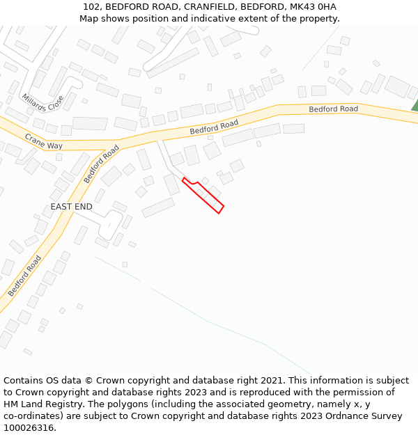 102, BEDFORD ROAD, CRANFIELD, BEDFORD, MK43 0HA: Location map and indicative extent of plot