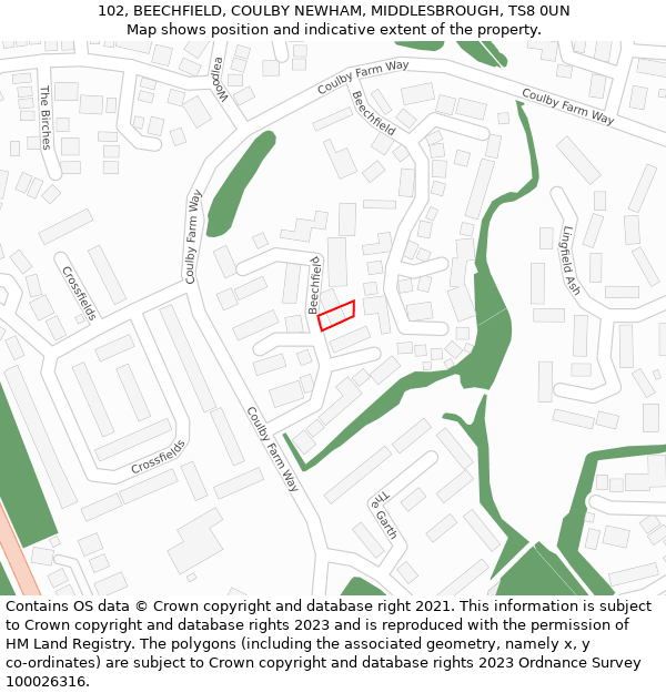 102, BEECHFIELD, COULBY NEWHAM, MIDDLESBROUGH, TS8 0UN: Location map and indicative extent of plot