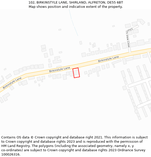 102, BIRKINSTYLE LANE, SHIRLAND, ALFRETON, DE55 6BT: Location map and indicative extent of plot