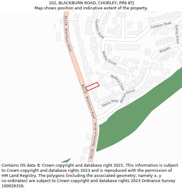 102, BLACKBURN ROAD, CHORLEY, PR6 8TJ: Location map and indicative extent of plot