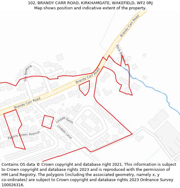 102, BRANDY CARR ROAD, KIRKHAMGATE, WAKEFIELD, WF2 0RJ: Location map and indicative extent of plot