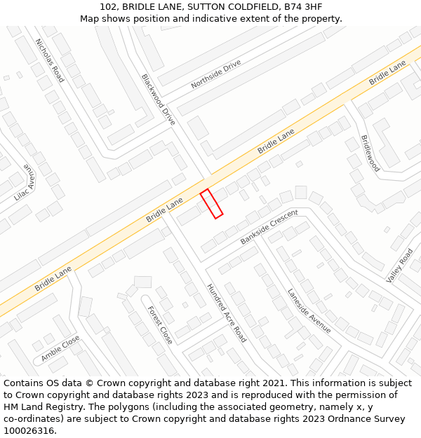 102, BRIDLE LANE, SUTTON COLDFIELD, B74 3HF: Location map and indicative extent of plot