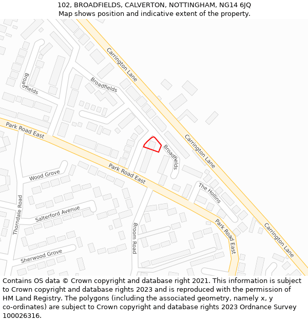 102, BROADFIELDS, CALVERTON, NOTTINGHAM, NG14 6JQ: Location map and indicative extent of plot