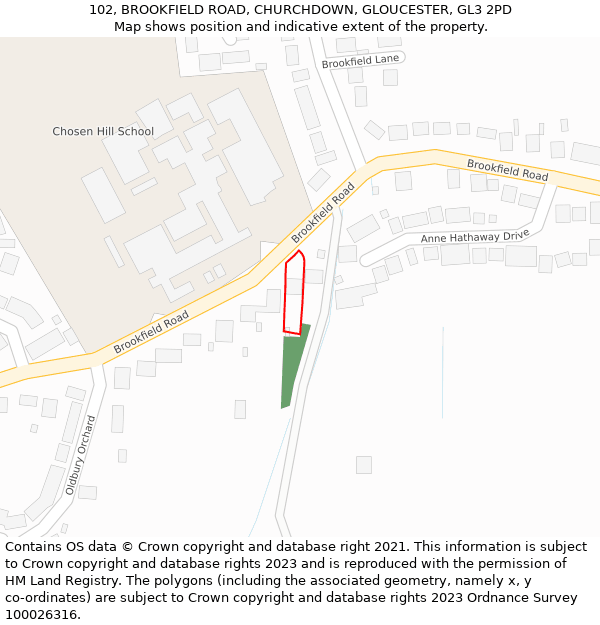 102, BROOKFIELD ROAD, CHURCHDOWN, GLOUCESTER, GL3 2PD: Location map and indicative extent of plot