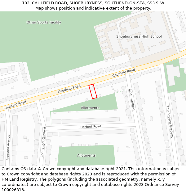 102, CAULFIELD ROAD, SHOEBURYNESS, SOUTHEND-ON-SEA, SS3 9LW: Location map and indicative extent of plot