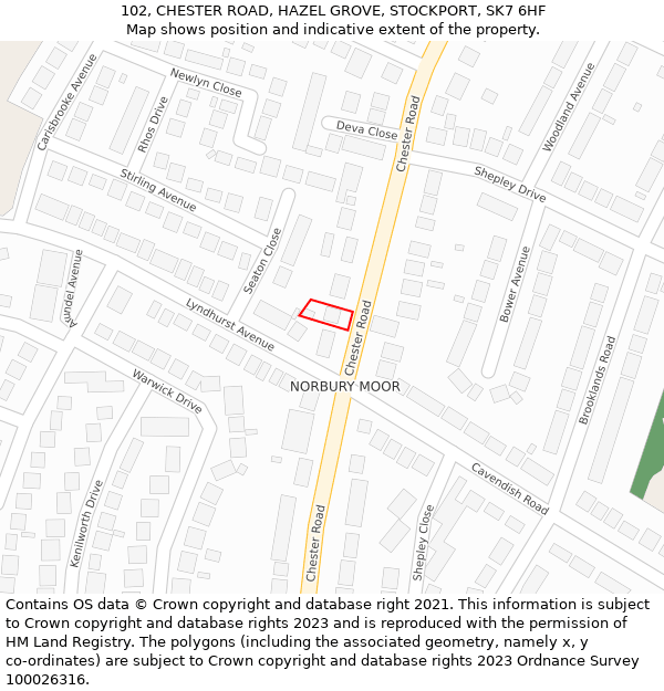 102, CHESTER ROAD, HAZEL GROVE, STOCKPORT, SK7 6HF: Location map and indicative extent of plot