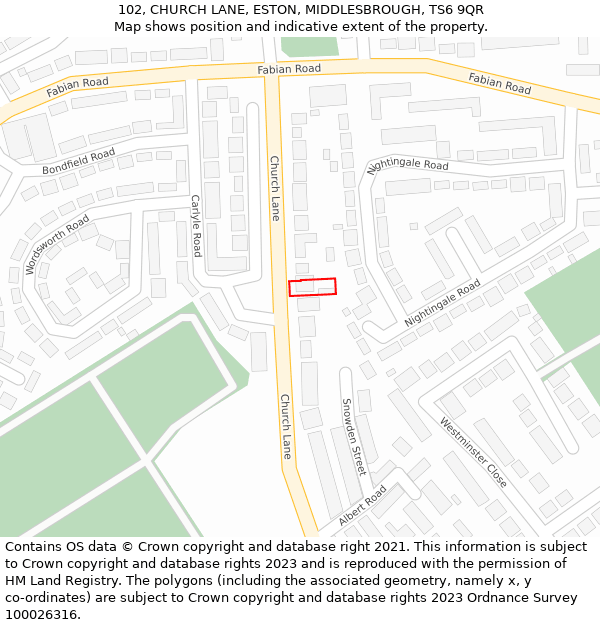 102, CHURCH LANE, ESTON, MIDDLESBROUGH, TS6 9QR: Location map and indicative extent of plot