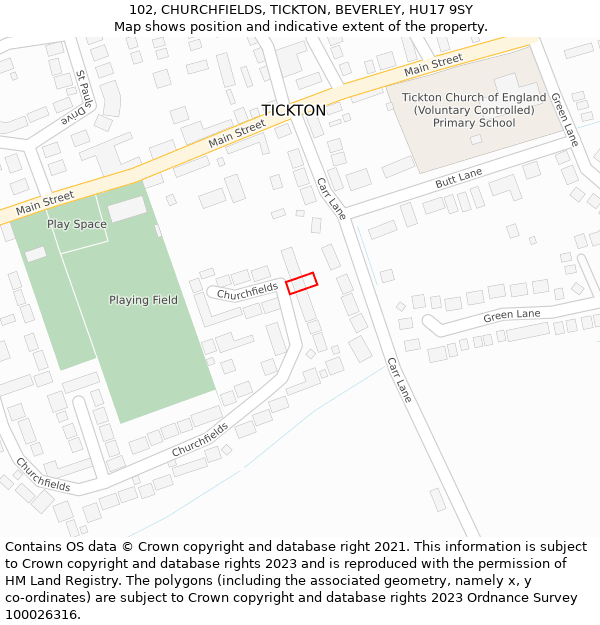 102, CHURCHFIELDS, TICKTON, BEVERLEY, HU17 9SY: Location map and indicative extent of plot