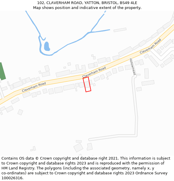 102, CLAVERHAM ROAD, YATTON, BRISTOL, BS49 4LE: Location map and indicative extent of plot