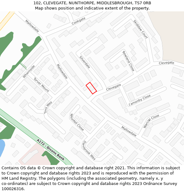 102, CLEVEGATE, NUNTHORPE, MIDDLESBROUGH, TS7 0RB: Location map and indicative extent of plot