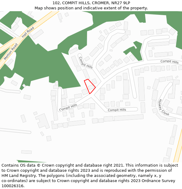 102, COMPIT HILLS, CROMER, NR27 9LP: Location map and indicative extent of plot