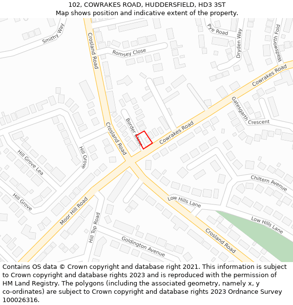 102, COWRAKES ROAD, HUDDERSFIELD, HD3 3ST: Location map and indicative extent of plot