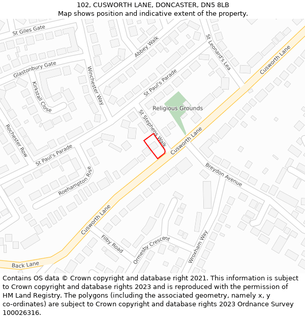 102, CUSWORTH LANE, DONCASTER, DN5 8LB: Location map and indicative extent of plot