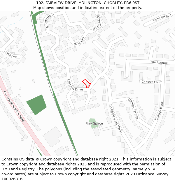102, FAIRVIEW DRIVE, ADLINGTON, CHORLEY, PR6 9ST: Location map and indicative extent of plot