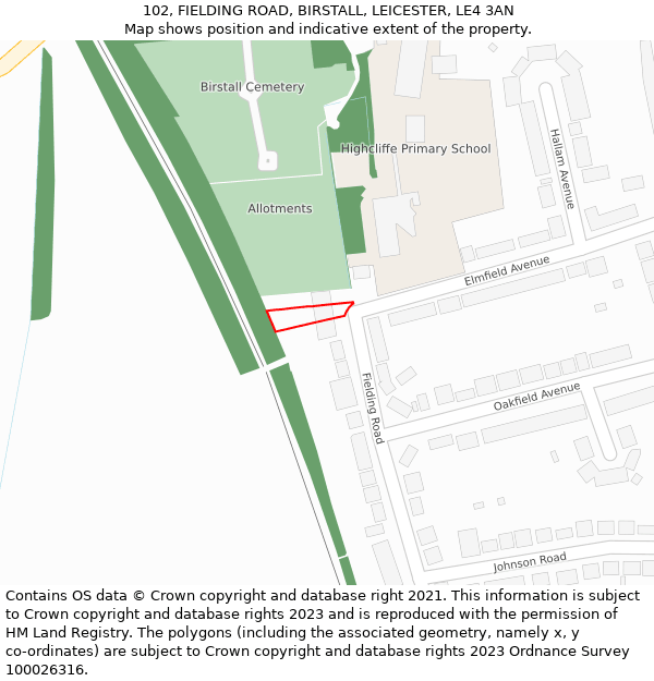 102, FIELDING ROAD, BIRSTALL, LEICESTER, LE4 3AN: Location map and indicative extent of plot