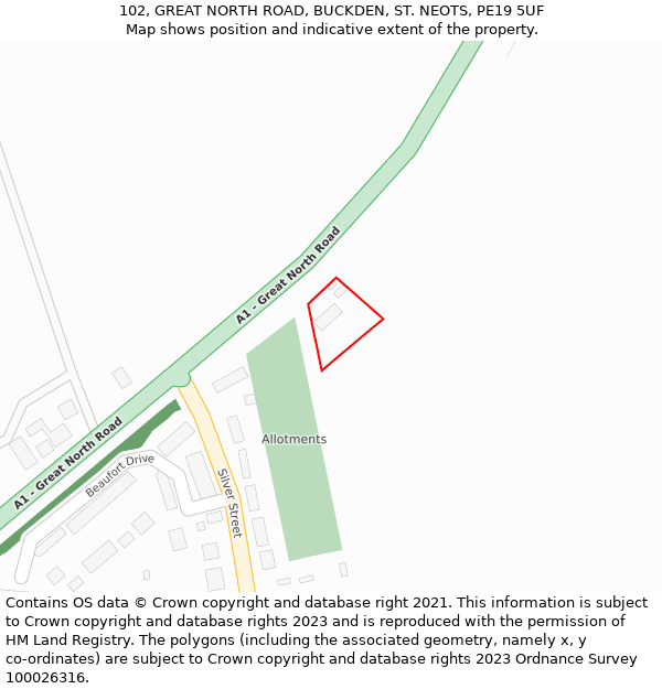 102, GREAT NORTH ROAD, BUCKDEN, ST. NEOTS, PE19 5UF: Location map and indicative extent of plot