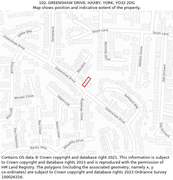 102, GREENSHAW DRIVE, HAXBY, YORK, YO32 2DG: Location map and indicative extent of plot