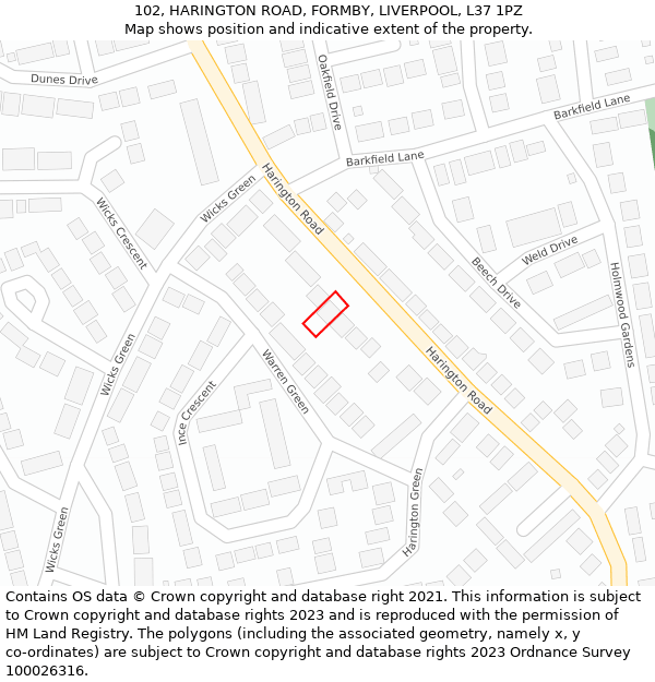 102, HARINGTON ROAD, FORMBY, LIVERPOOL, L37 1PZ: Location map and indicative extent of plot