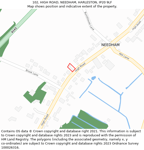 102, HIGH ROAD, NEEDHAM, HARLESTON, IP20 9LF: Location map and indicative extent of plot