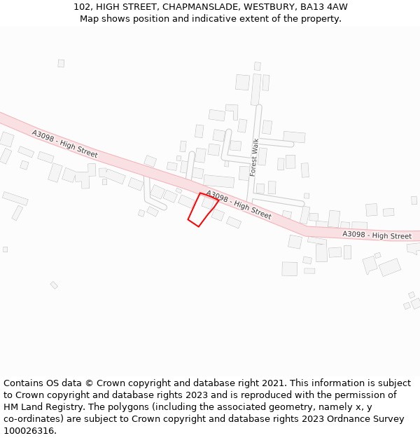 102, HIGH STREET, CHAPMANSLADE, WESTBURY, BA13 4AW: Location map and indicative extent of plot