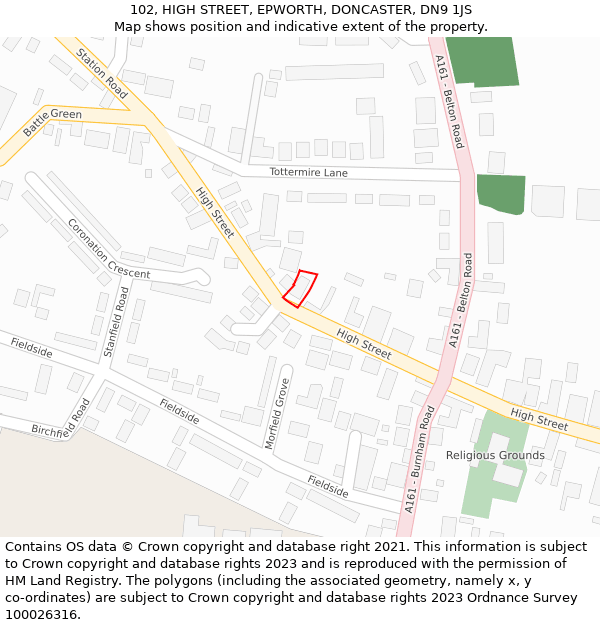 102, HIGH STREET, EPWORTH, DONCASTER, DN9 1JS: Location map and indicative extent of plot