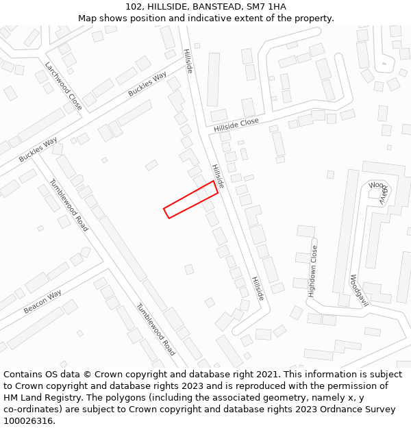 102, HILLSIDE, BANSTEAD, SM7 1HA: Location map and indicative extent of plot