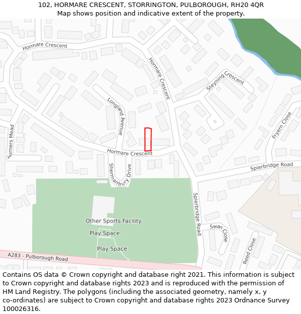 102, HORMARE CRESCENT, STORRINGTON, PULBOROUGH, RH20 4QR: Location map and indicative extent of plot