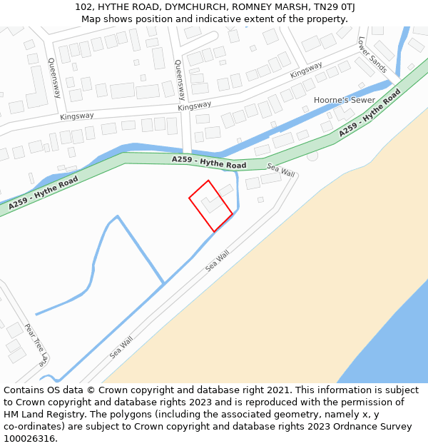 102, HYTHE ROAD, DYMCHURCH, ROMNEY MARSH, TN29 0TJ: Location map and indicative extent of plot