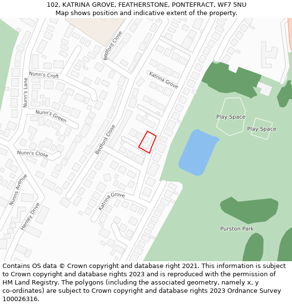 102, KATRINA GROVE, FEATHERSTONE, PONTEFRACT, WF7 5NU: Location map and indicative extent of plot