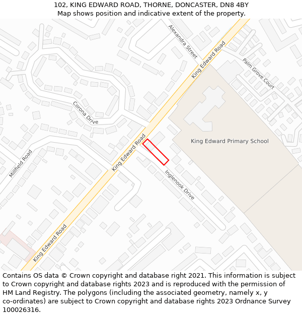 102, KING EDWARD ROAD, THORNE, DONCASTER, DN8 4BY: Location map and indicative extent of plot