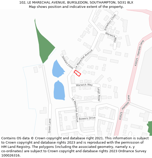 102, LE MARECHAL AVENUE, BURSLEDON, SOUTHAMPTON, SO31 8LX: Location map and indicative extent of plot