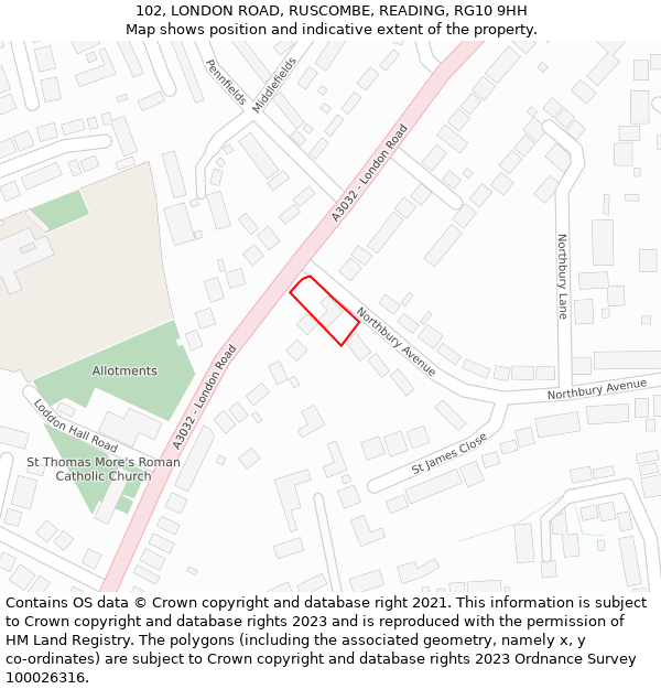102, LONDON ROAD, RUSCOMBE, READING, RG10 9HH: Location map and indicative extent of plot