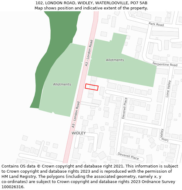 102, LONDON ROAD, WIDLEY, WATERLOOVILLE, PO7 5AB: Location map and indicative extent of plot