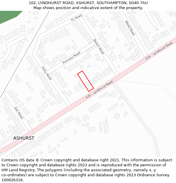 102, LYNDHURST ROAD, ASHURST, SOUTHAMPTON, SO40 7AU: Location map and indicative extent of plot