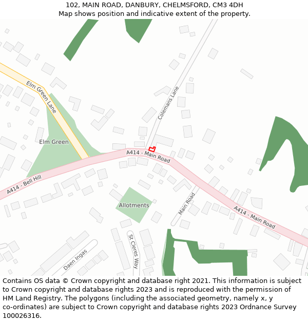 102, MAIN ROAD, DANBURY, CHELMSFORD, CM3 4DH: Location map and indicative extent of plot