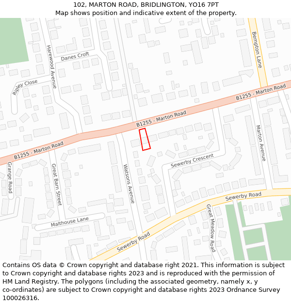 102, MARTON ROAD, BRIDLINGTON, YO16 7PT: Location map and indicative extent of plot