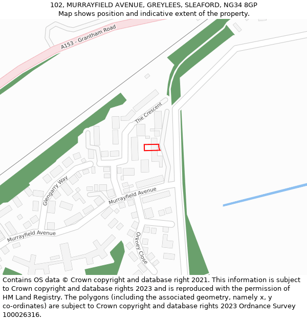 102, MURRAYFIELD AVENUE, GREYLEES, SLEAFORD, NG34 8GP: Location map and indicative extent of plot