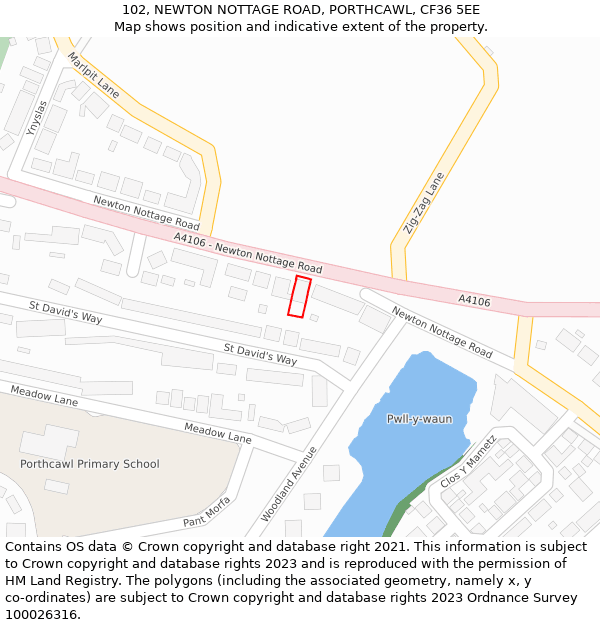 102, NEWTON NOTTAGE ROAD, PORTHCAWL, CF36 5EE: Location map and indicative extent of plot