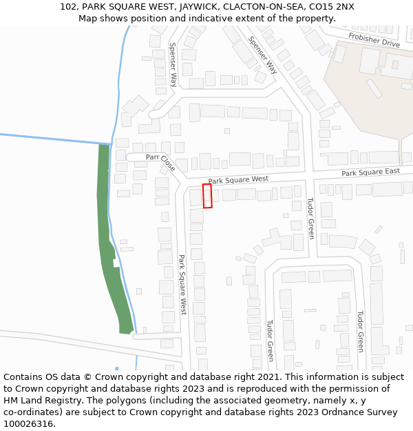 102, PARK SQUARE WEST, JAYWICK, CLACTON-ON-SEA, CO15 2NX: Location map and indicative extent of plot